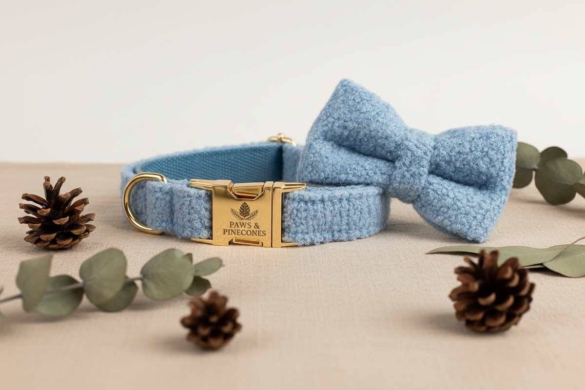 Light blue dog collar with a bow tie and gold clasp on a neutral background with decorative elements.