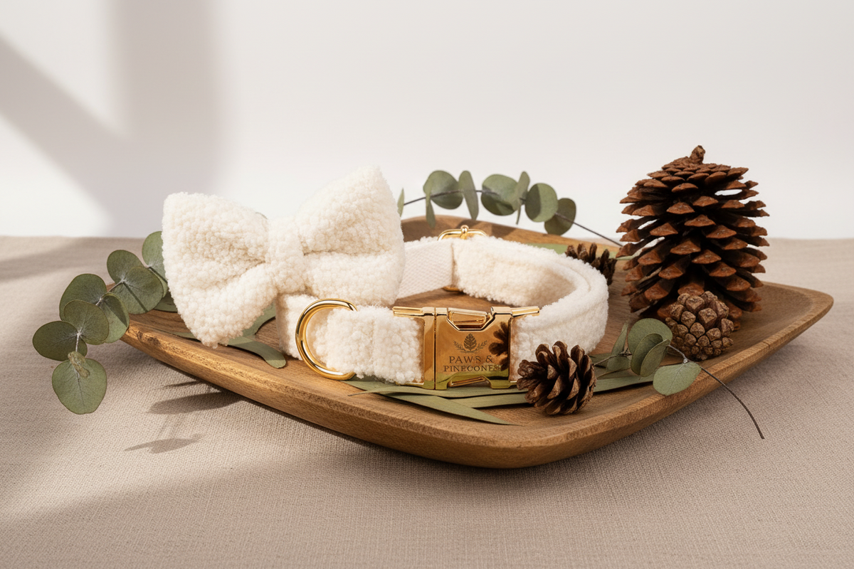 White fluffy dog collar with gold buckle on a wooden stand, pine cone on beige background