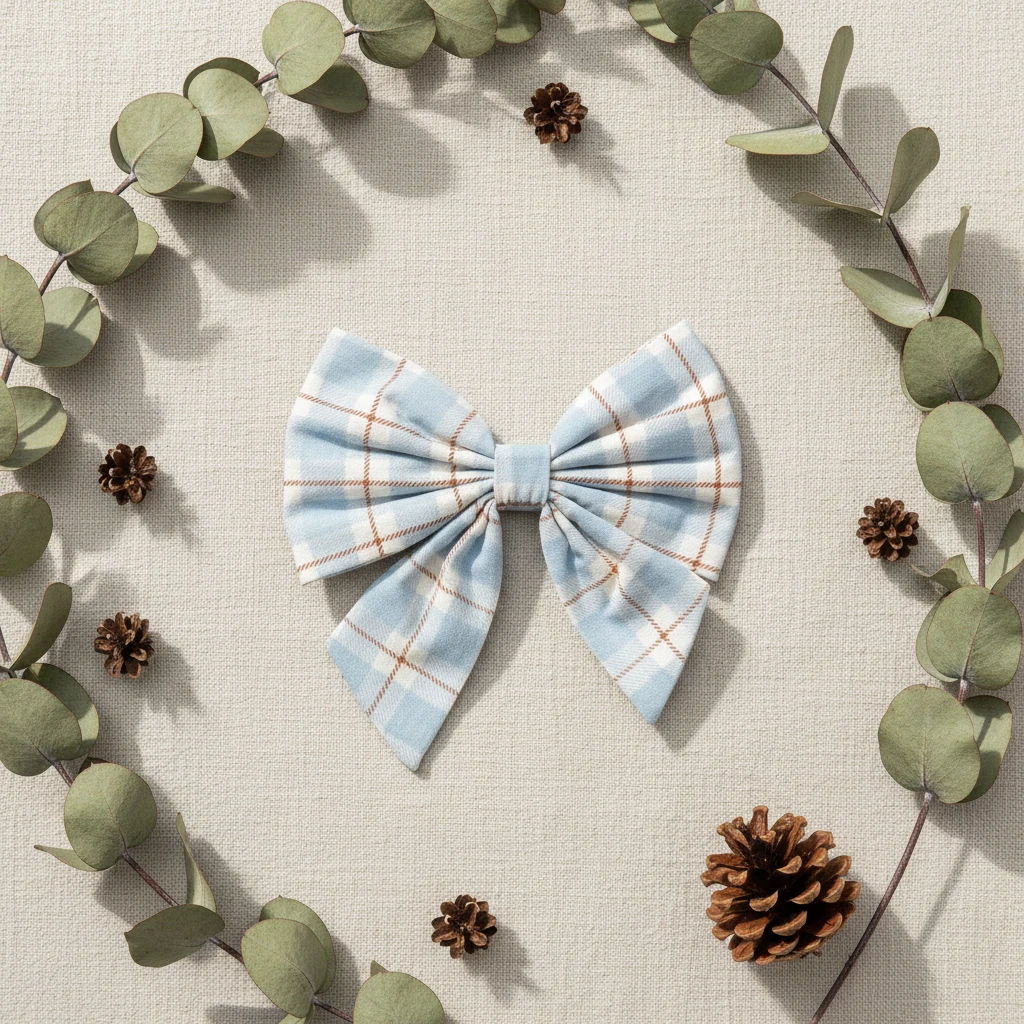 Plaid bow tie with blue and orange pattern on a white background