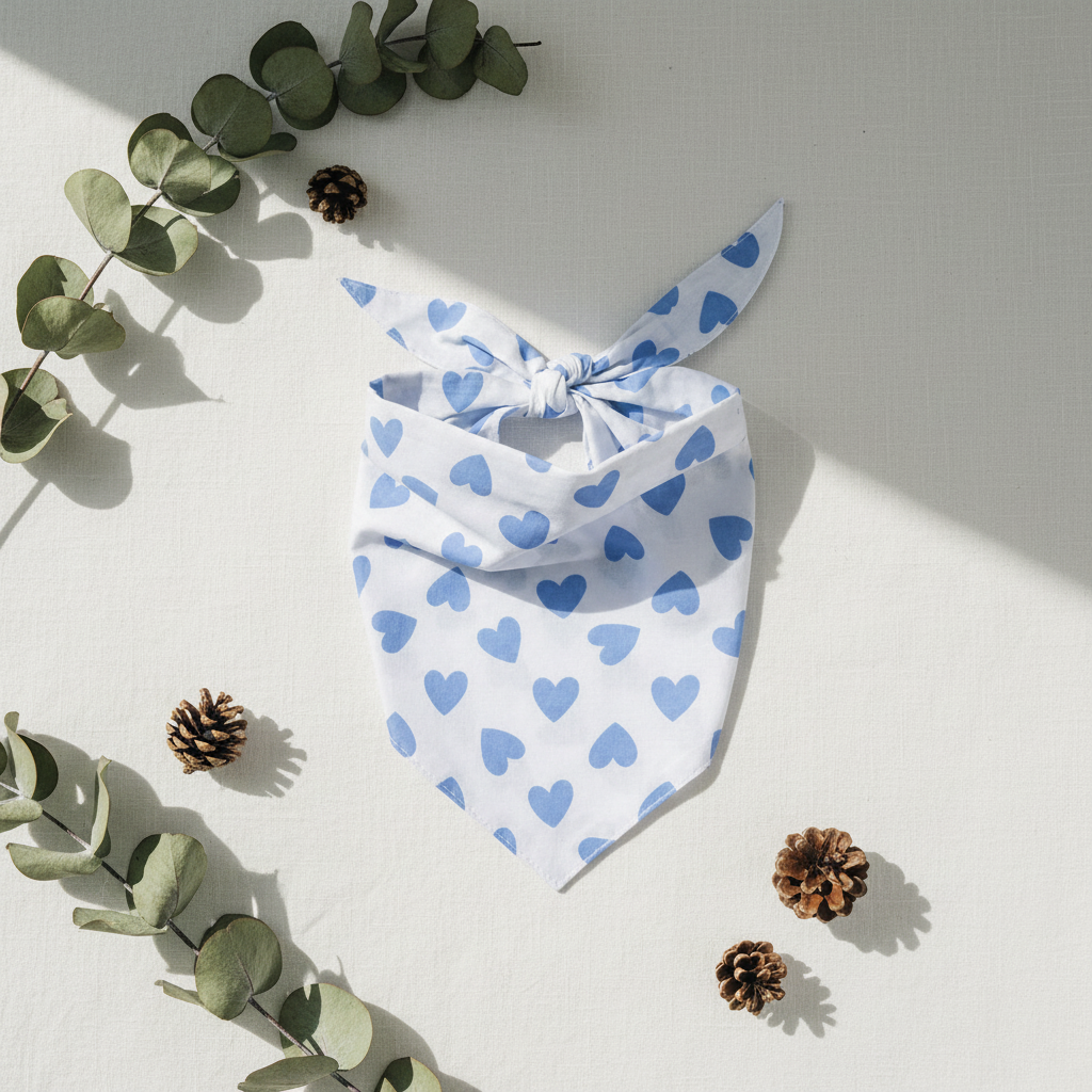 White bandana with blue heart patterns on a white background
