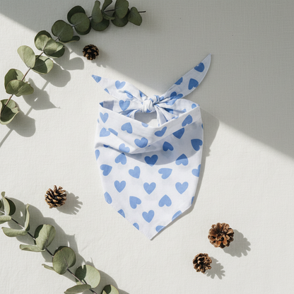 White bandana with blue heart patterns on a white background