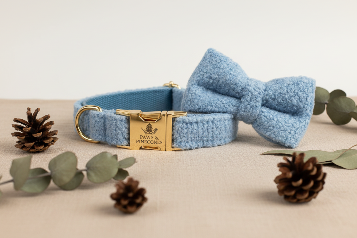 Light blue dog collar with a bow tie and gold clasp on a neutral background with decorative elements.