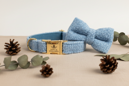 Light blue dog collar with a bow tie and gold clasp on a neutral background with decorative elements.