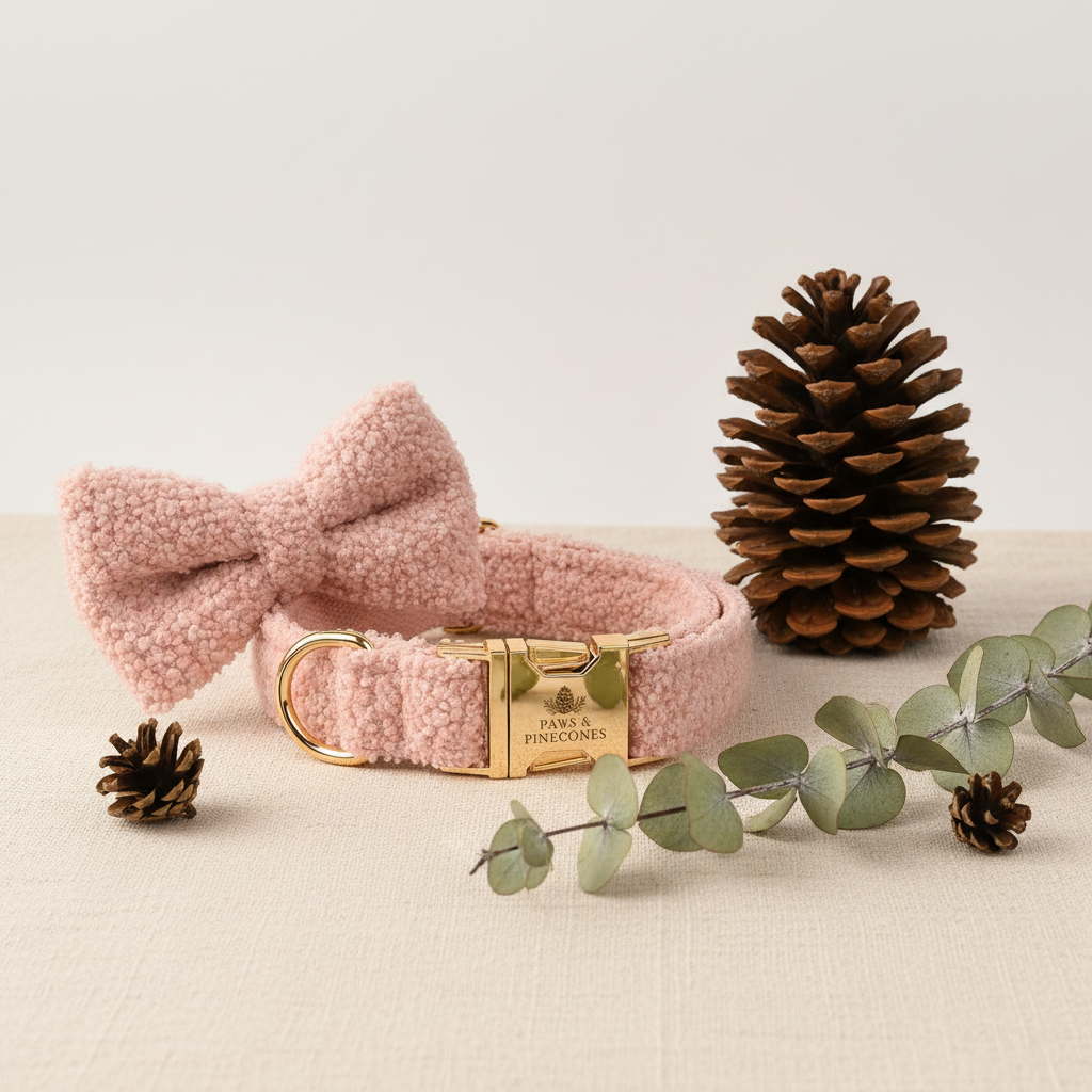 Pink dog collar with gold clasp and matching bow on a wooden stand with a pinecone in the background.