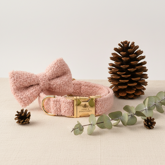 Pink dog collar with gold clasp and matching bow on a wooden stand with a pinecone in the background.