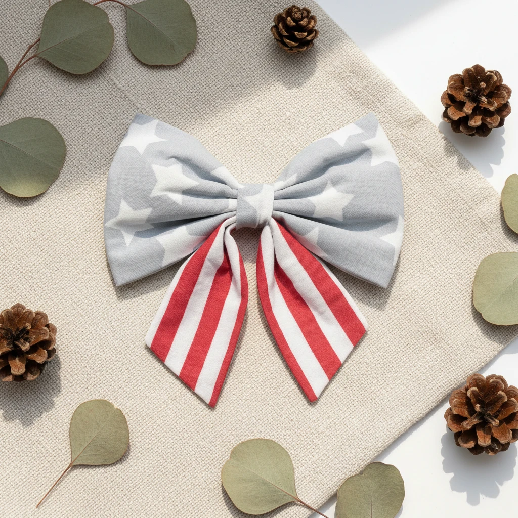 Large bow with gray stars and red and white stripes on a white background