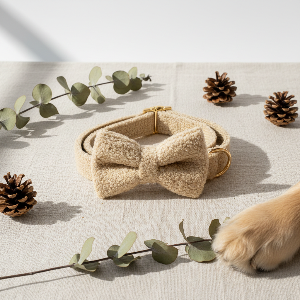Beige dog collar with bow and gold buckle on a light background