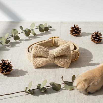 Beige dog collar with bow and gold buckle on a light background