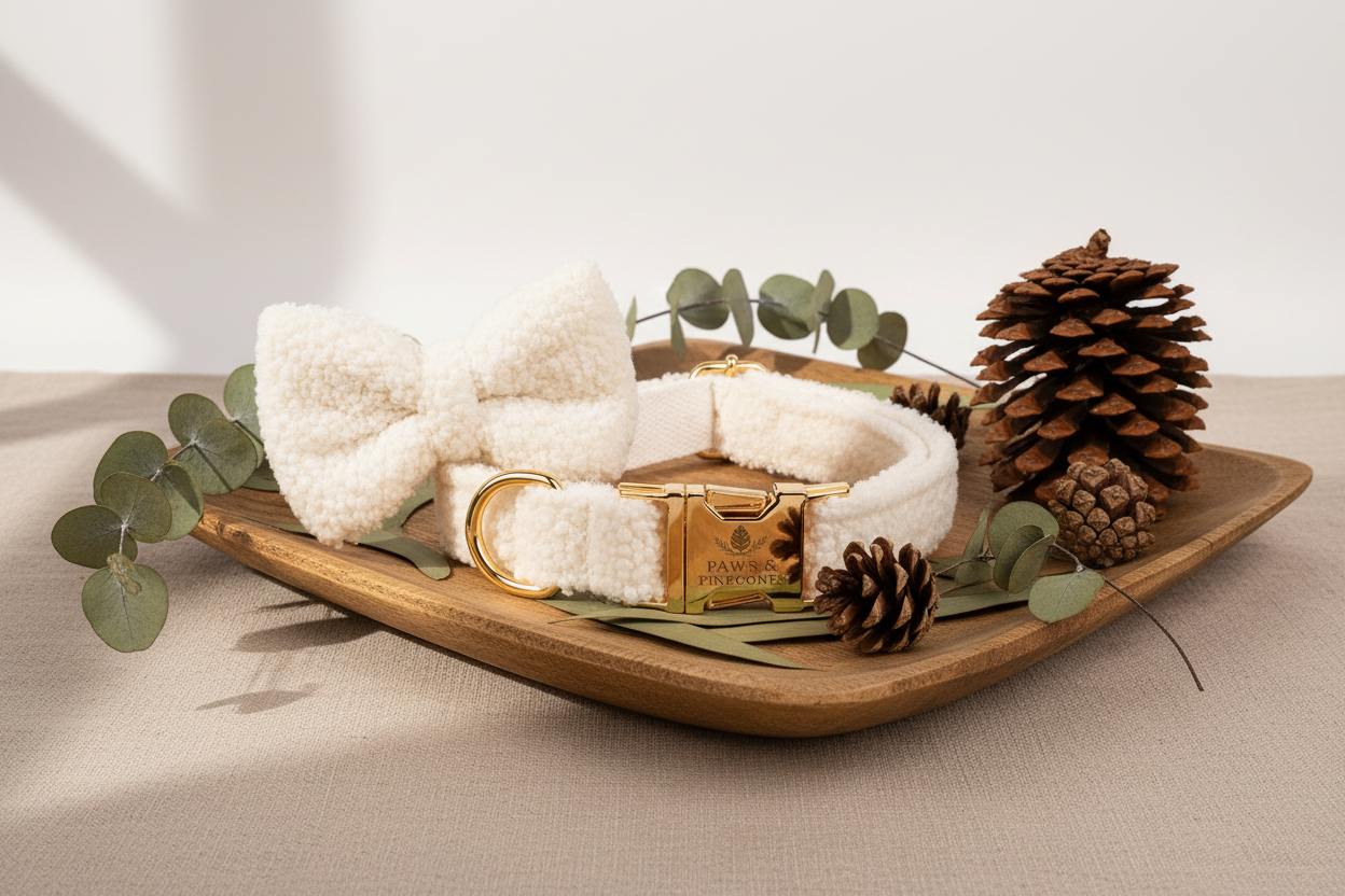 White fluffy dog collar with gold buckle on a wooden stand, pine cone on beige background